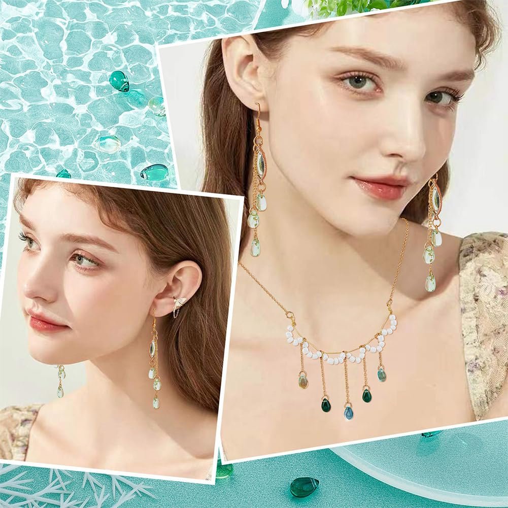 Collage of women wearing teardrop glass bead earrings and necklaces, with water and bead details.