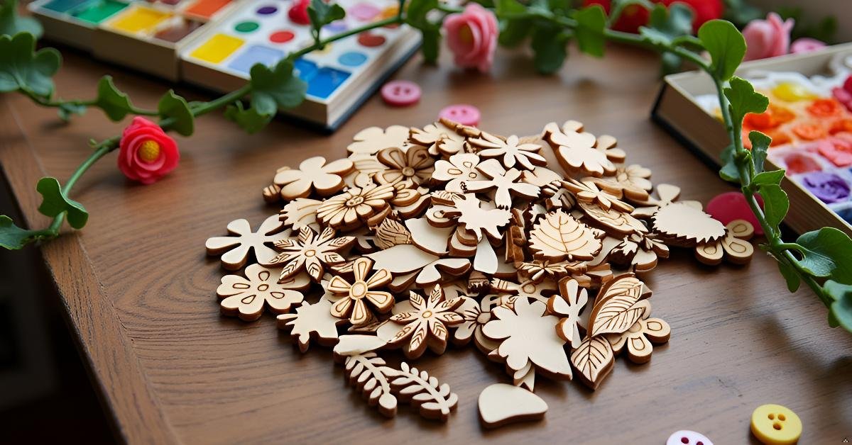 Pile of unfinished wooden flower and leaf craft cutouts on a wooden surface with watercolor palettes and pink flowers.