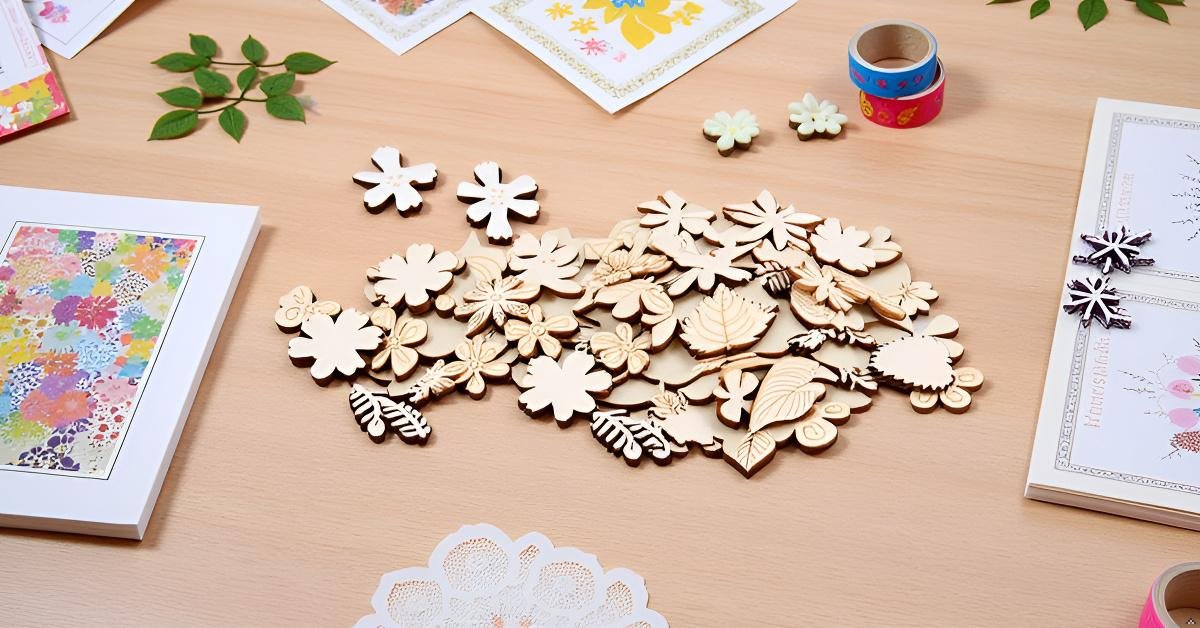 Pile of unfinished wooden flower and leaf cutouts for crafts on a wooden surface with decorative cards and washi tape.