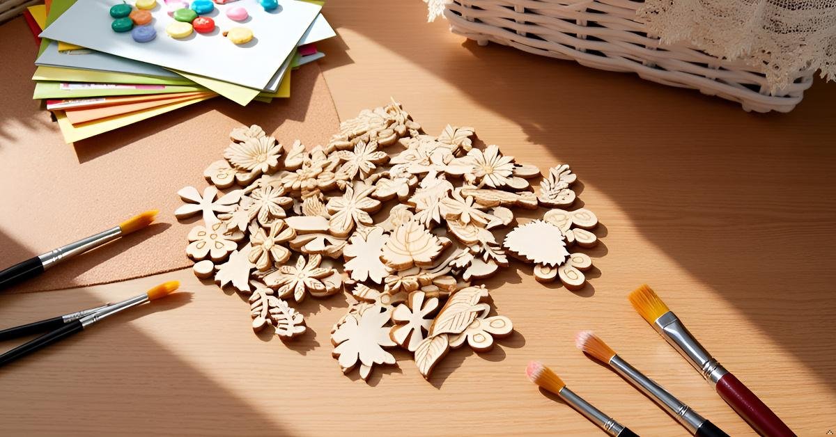Pile of unfinished wooden flower and leaf cutouts with paintbrushes and craft supplies on a wooden table