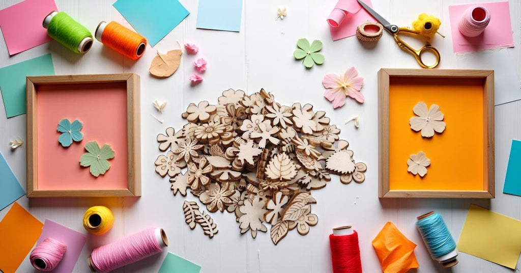 Pile of unfinished wooden flower and leaf cutouts with craft supplies like spools of thread and scissors on a white wooden surface.