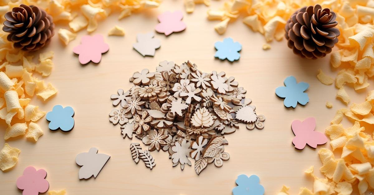 Pile of unfinished wooden flower and leaf cutouts scattered with pinecones and wood shavings.