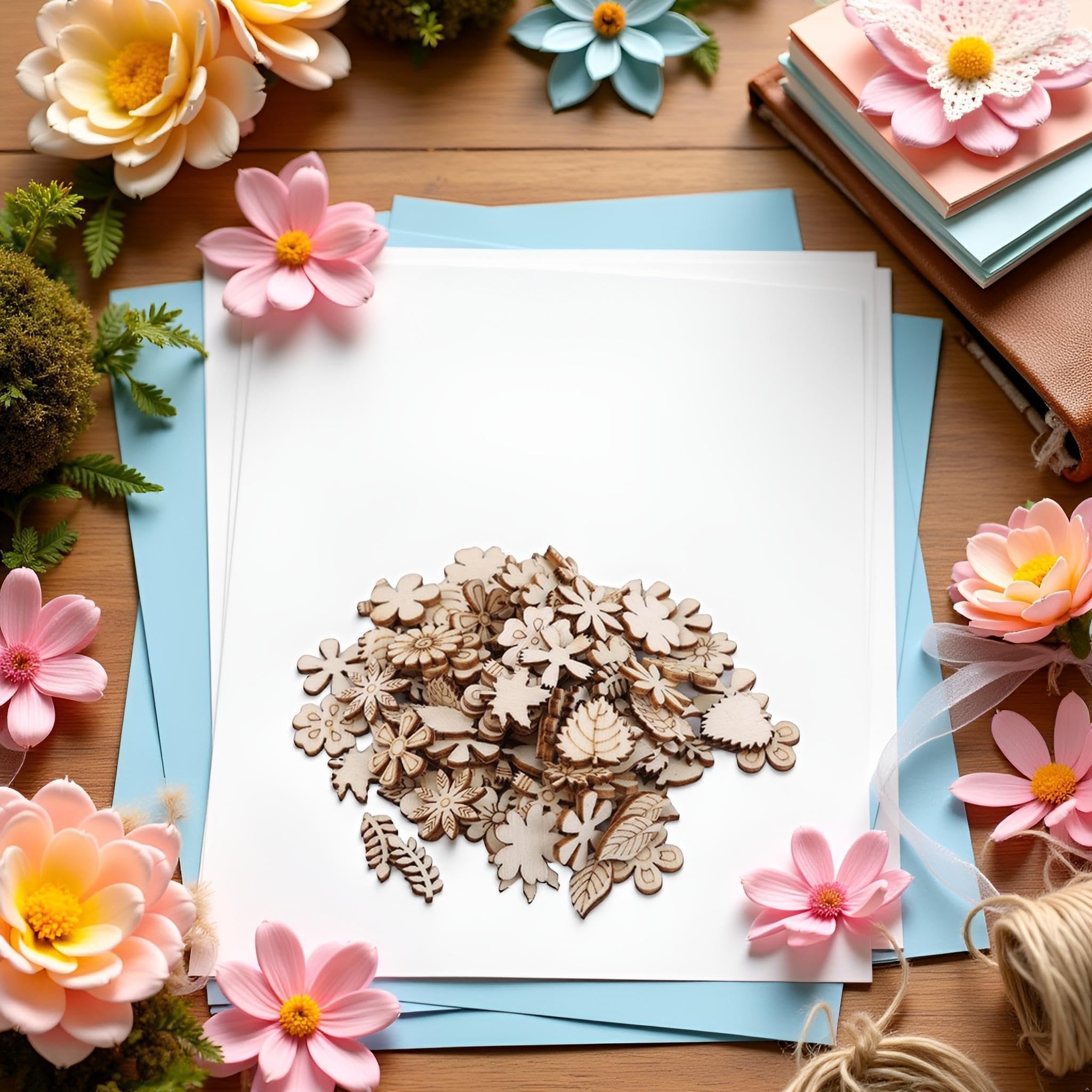 Pile of unfinished wooden flower and leaf cutouts on white paper surrounded by decorative flowers and craft supplies.