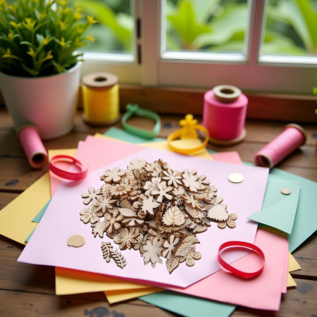 Pile of unfinished wooden flower and leaf cutouts on pink paper with craft supplies