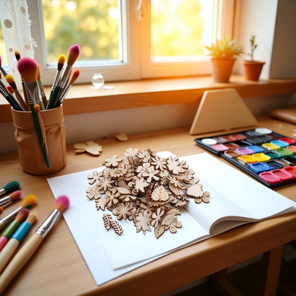 Pile of unfinished wooden flower and leaf cutouts on an open book with paintbrushes and watercolors nearby.