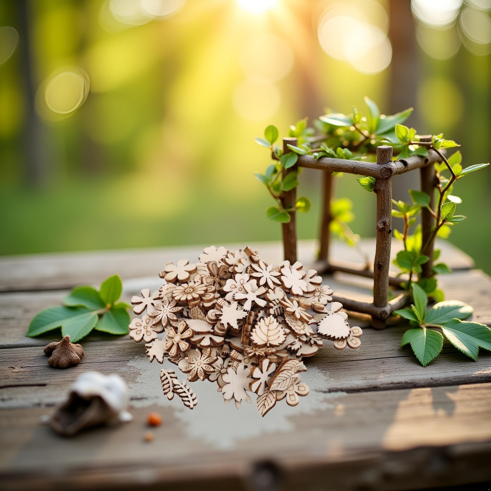 Pile of unfinished wooden flower and leaf craft cutouts on a rustic wooden table with a small vine-covered structure in the background.