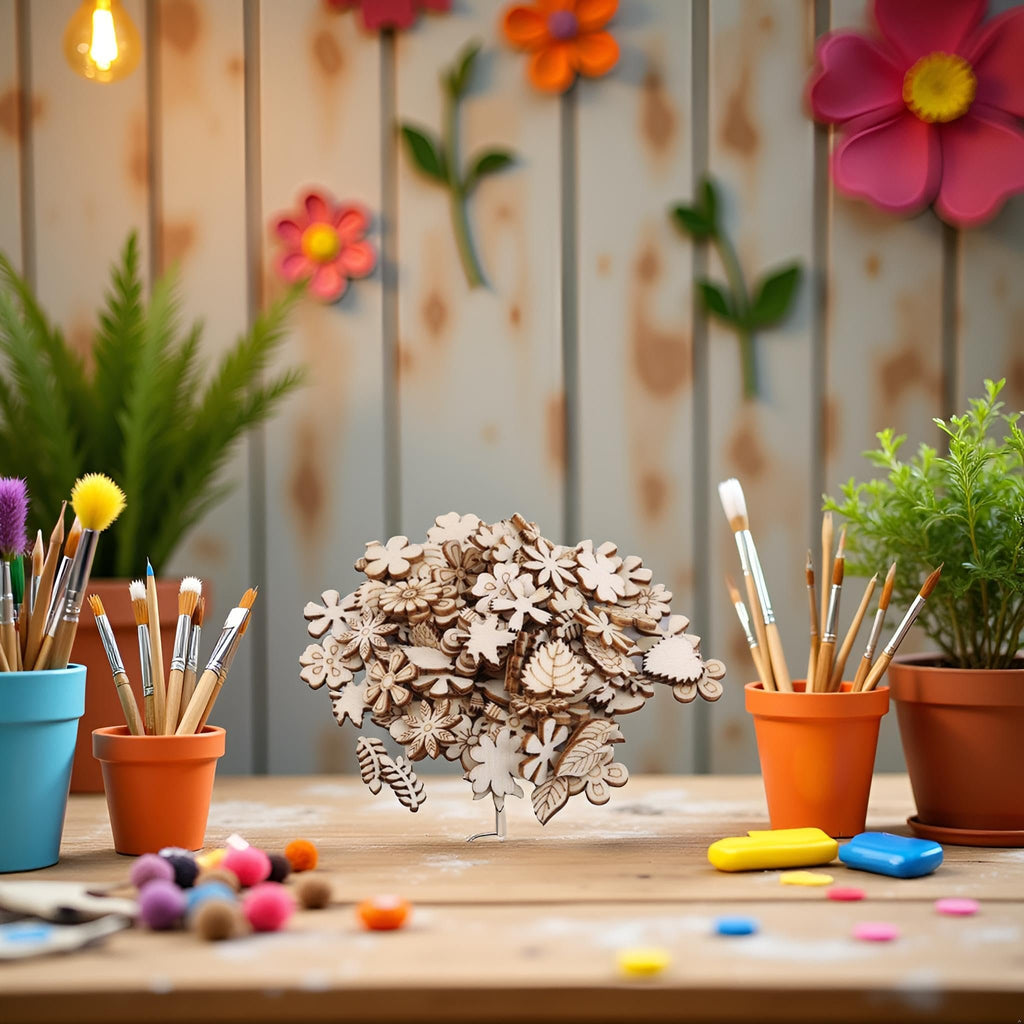 Unfinished wooden flower and leaf cutouts arranged in a tree shape, with craft supplies like paintbrushes and pom-poms on a wooden table.