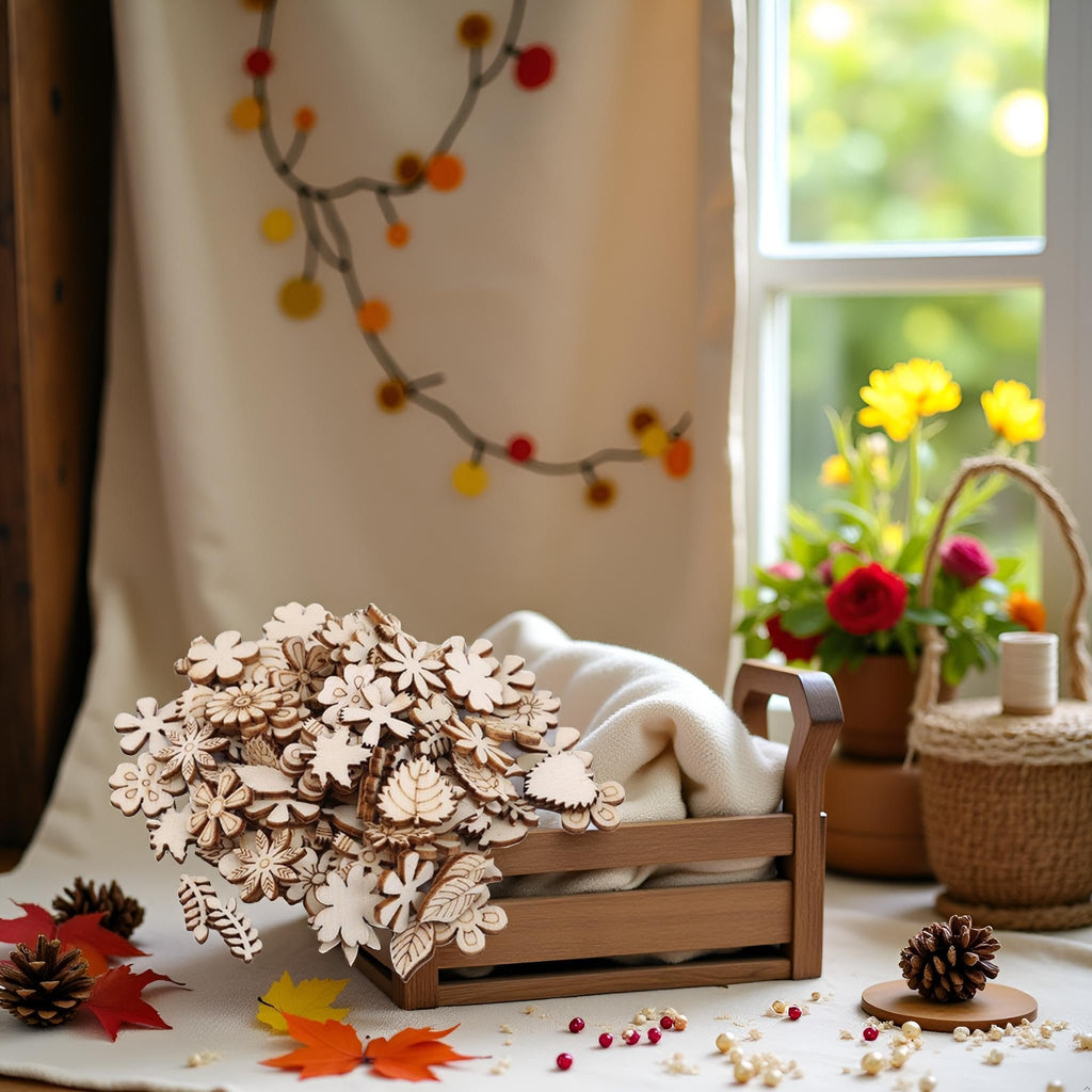 Unfinished wooden flower and leaf cutouts spilling from a wooden crate, with autumn leaves and pinecones scattered around.