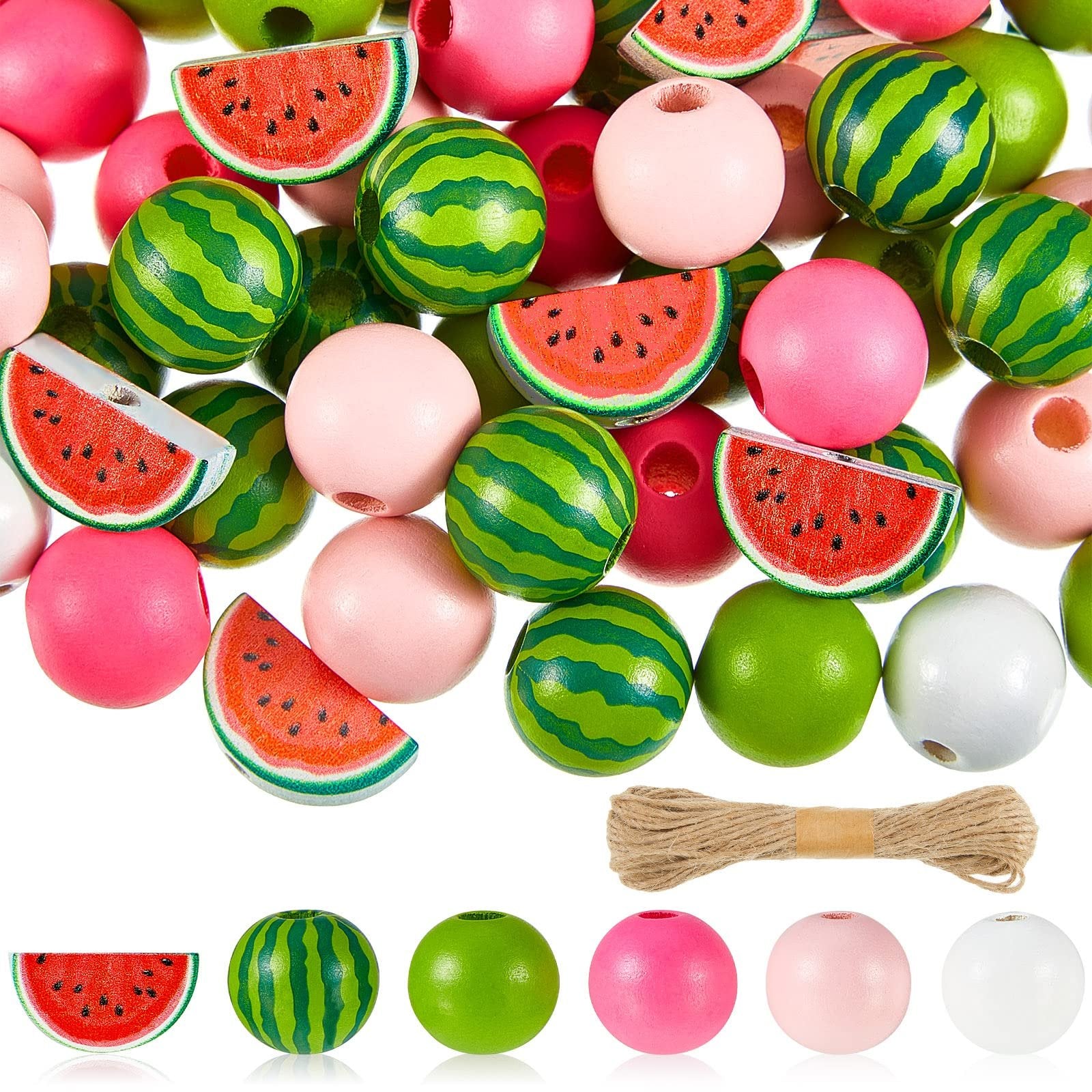 Assorted watermelon slice and round wooden beads in pink, green, and white, with a bundle of twine.
