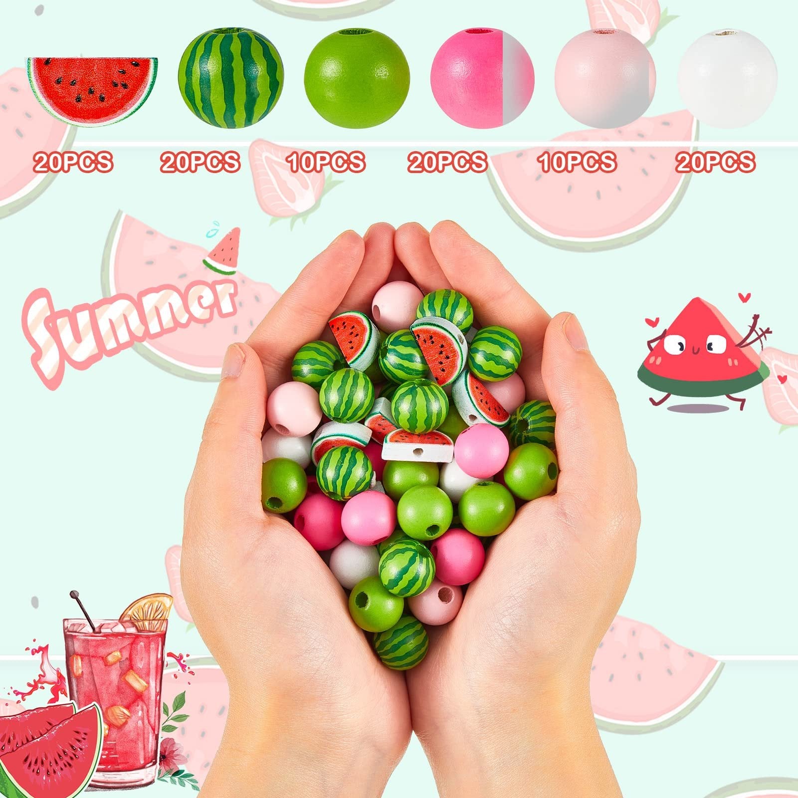 Hands holding a pile of colorful wooden beads, including watermelon-themed and solid green, pink, and white beads.