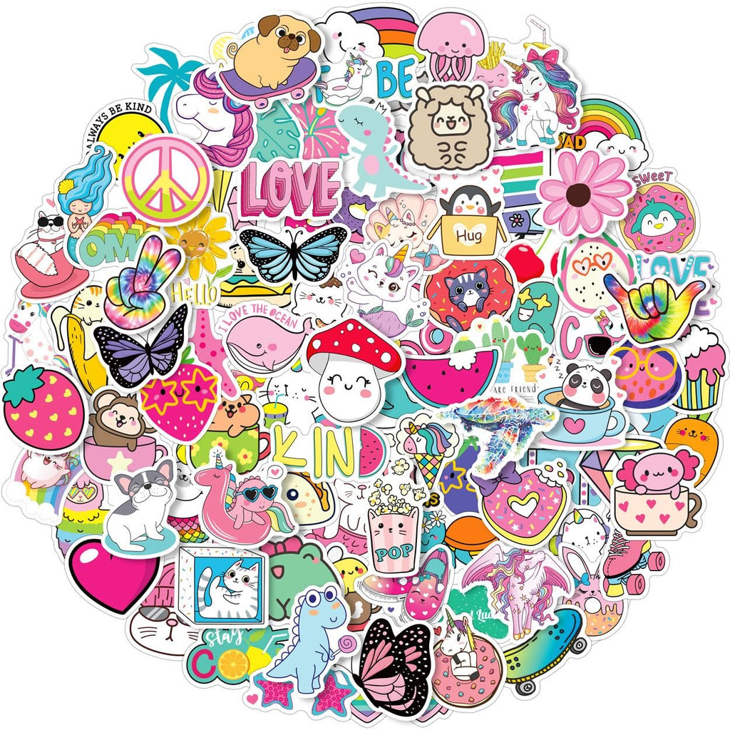 Collage of 100 cute, colorful vinyl stickers featuring animals, food, and positive messages.