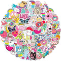 Collage of 100 cute, colorful vinyl stickers featuring animals, food, and positive messages.
