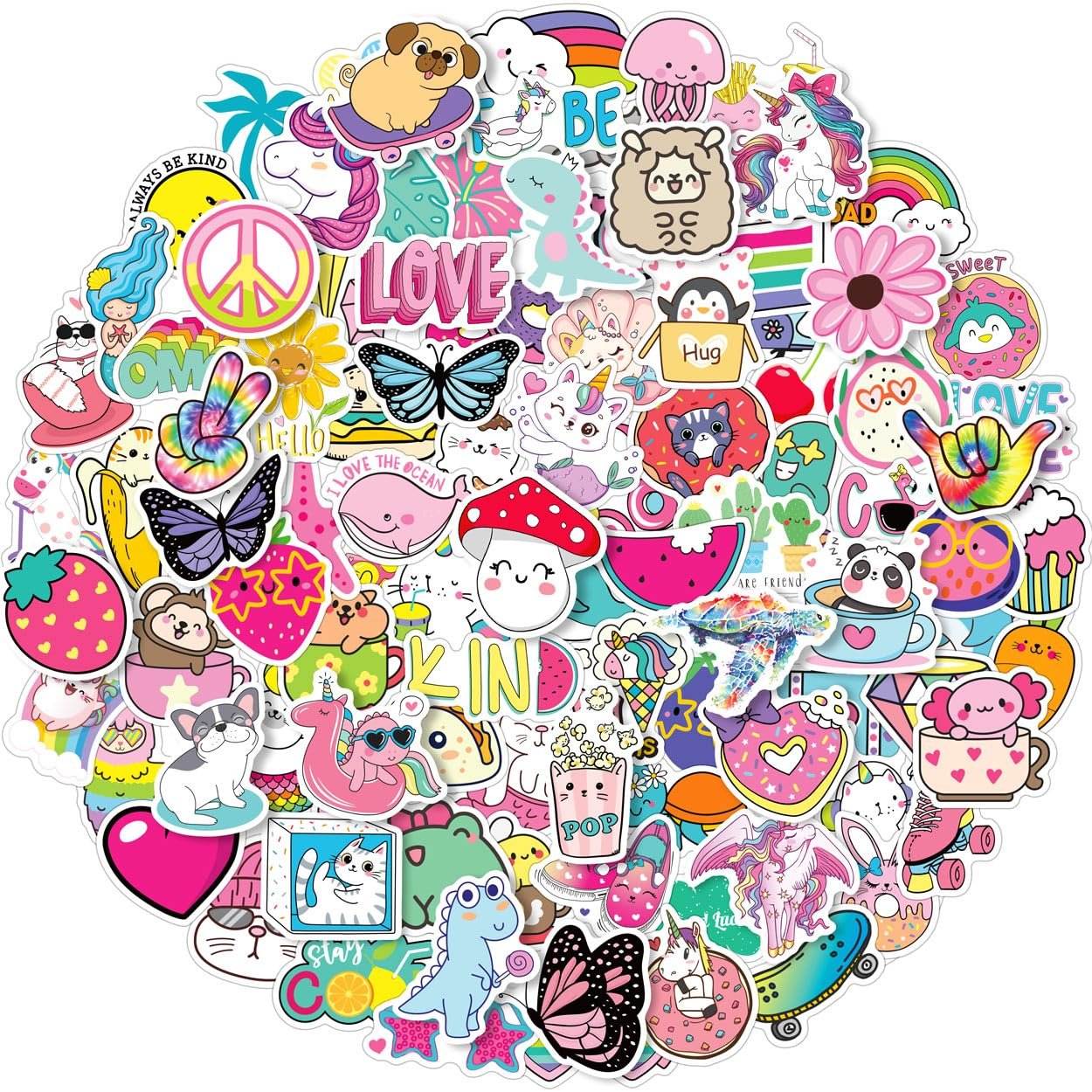 Collage of 100 cute, colorful vinyl stickers featuring animals, food, and positive messages.