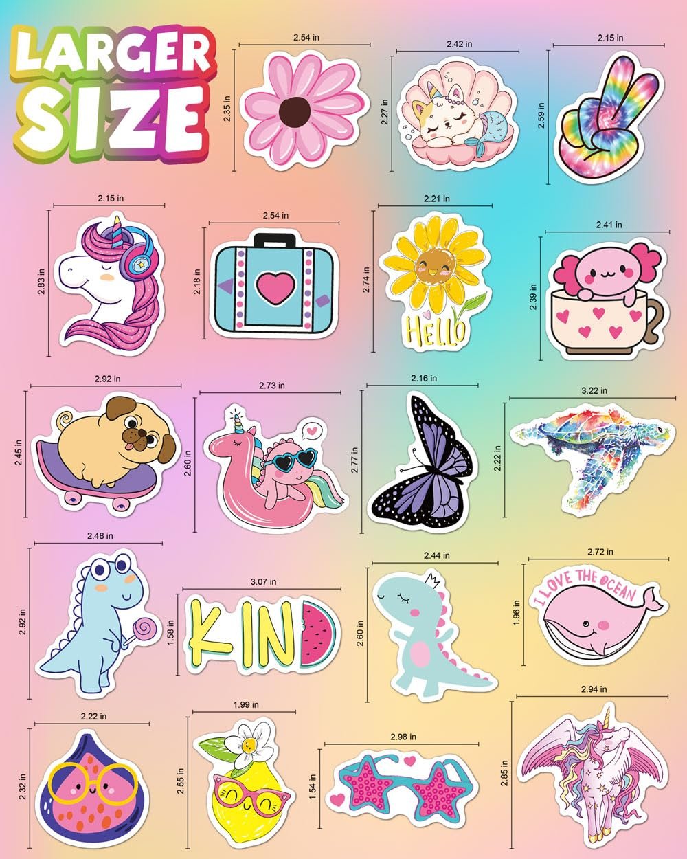 Collection of cute vinyl stickers with size dimensions, featuring unicorns, animals, and objects.