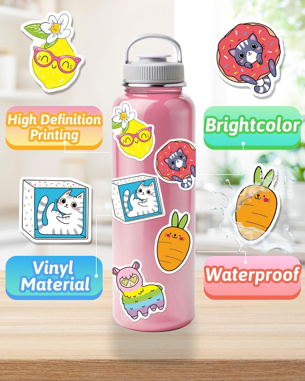Cute vinyl stickers applied to a pink water bottle, featuring cartoon cats, a llama, a lemon, a donut, and a carrot.