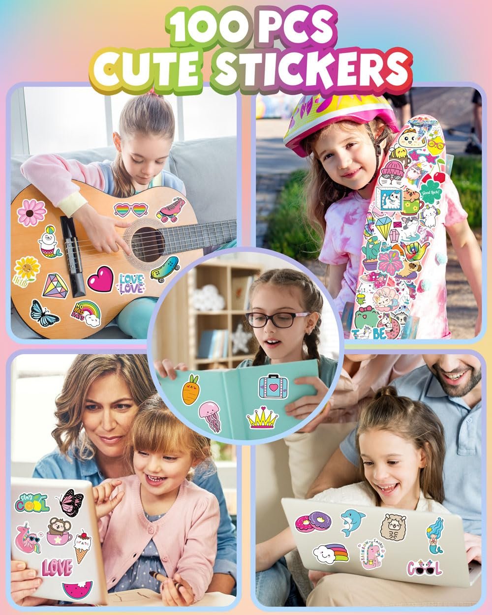 Collage of children and adults interacting with cute stickers on various items like guitars, skateboards, and laptops.