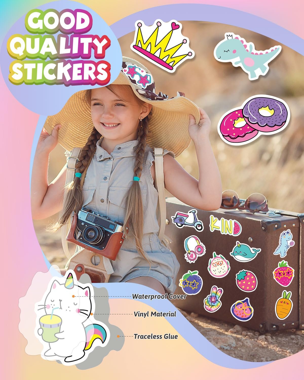Smiling girl in a straw hat with a vintage camera, surrounded by various cute stickers on a suitcase.