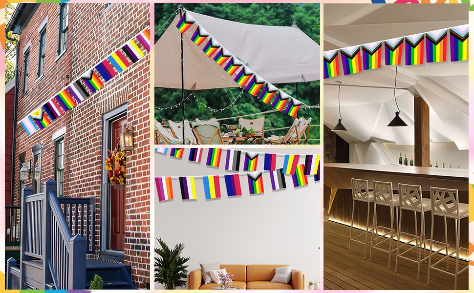 Collage of rainbow pride flag bunting strung in various settings: outside a brick house, at a campsite, and indoors above a bar.