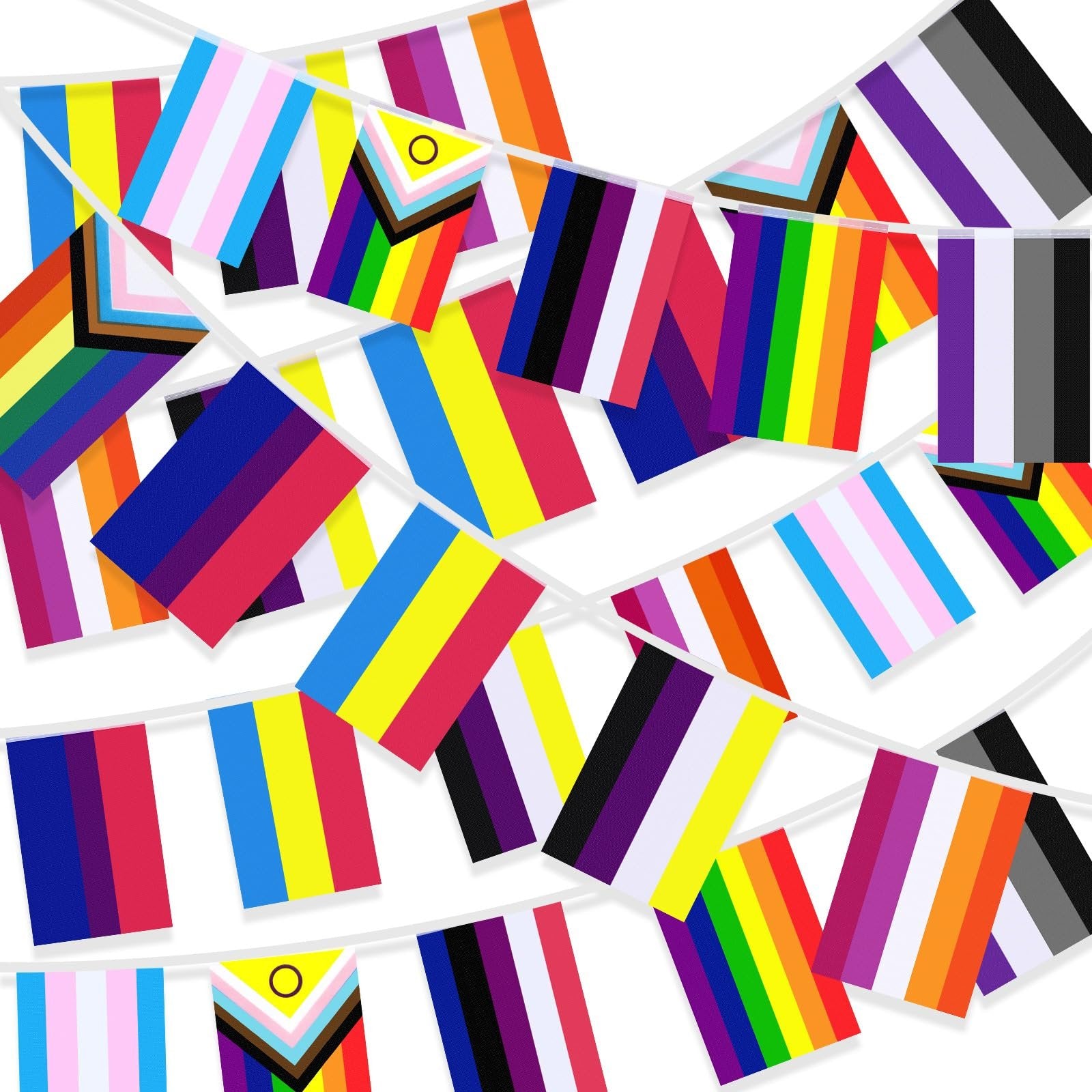 Multiple strings of LGBTQ pride flag bunting with various designs and colors, displayed against a white background.