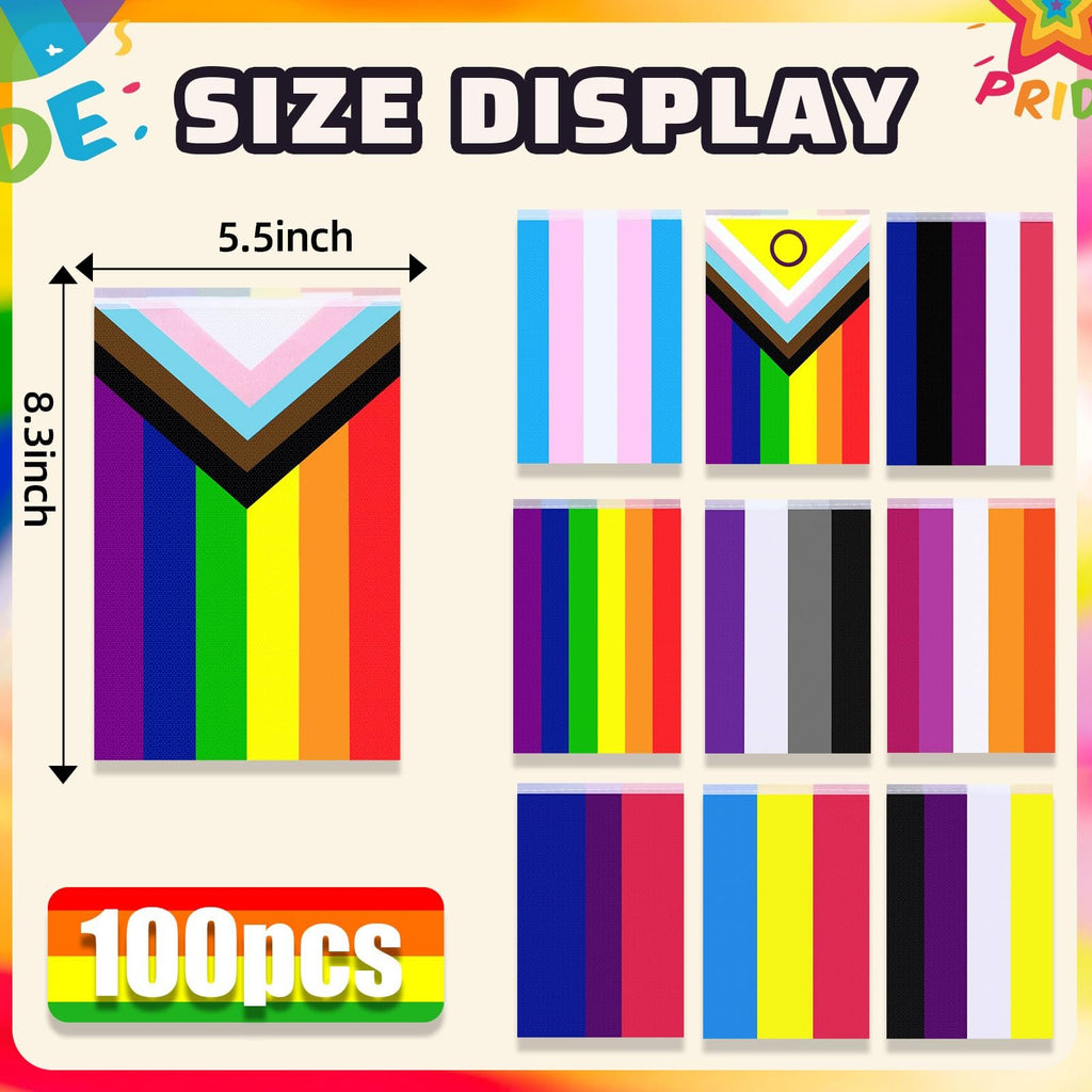 Various pride flag pennants displayed with size and quantity information. Includes rainbow, trans, and progress flags.