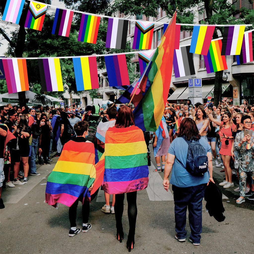People at a Pride parade holding rainbow flags and wearing rainbow-themed clothing, with bunting flags overhead.