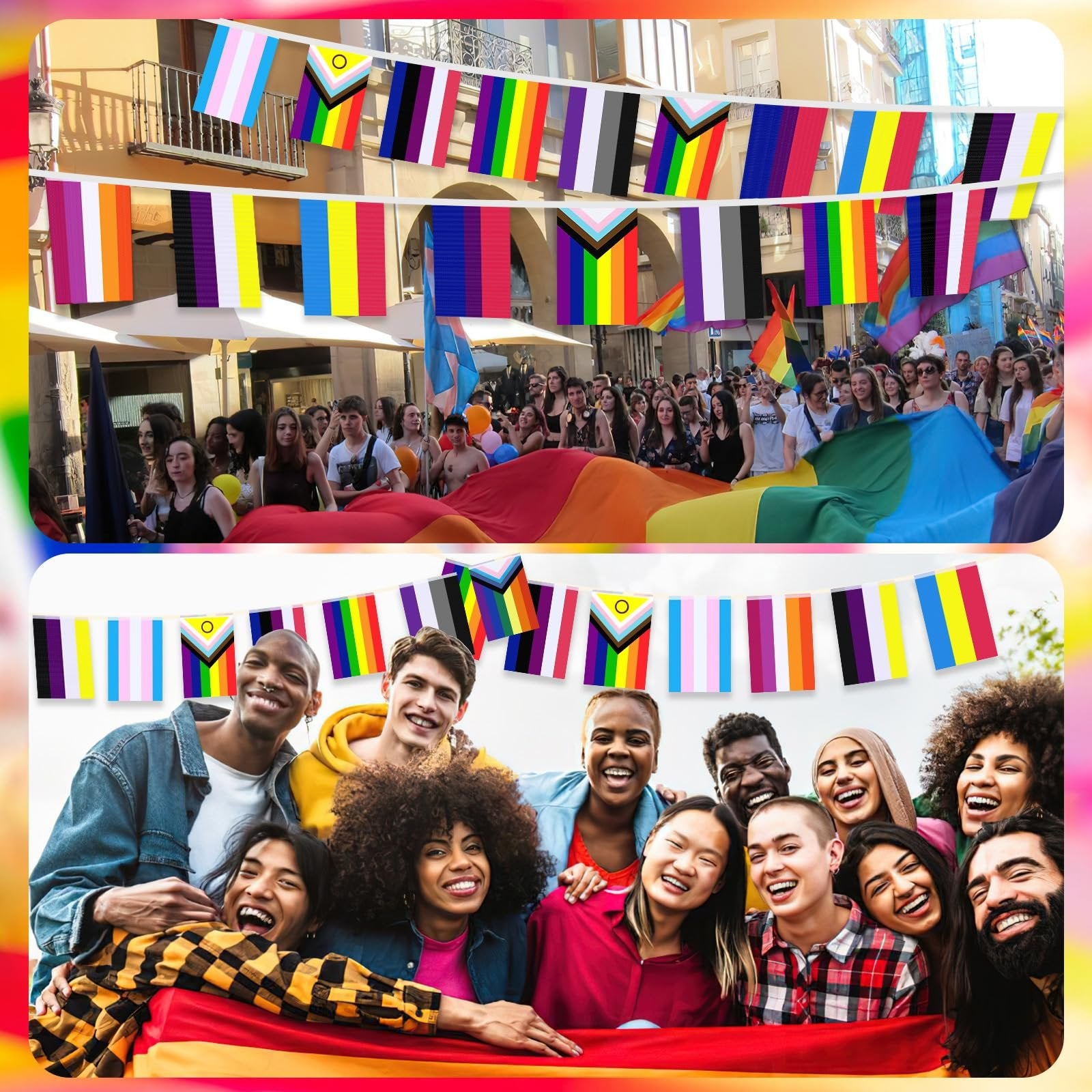 Group of diverse people smiling and holding a rainbow flag at a pride event with pride flag bunting overhead.
