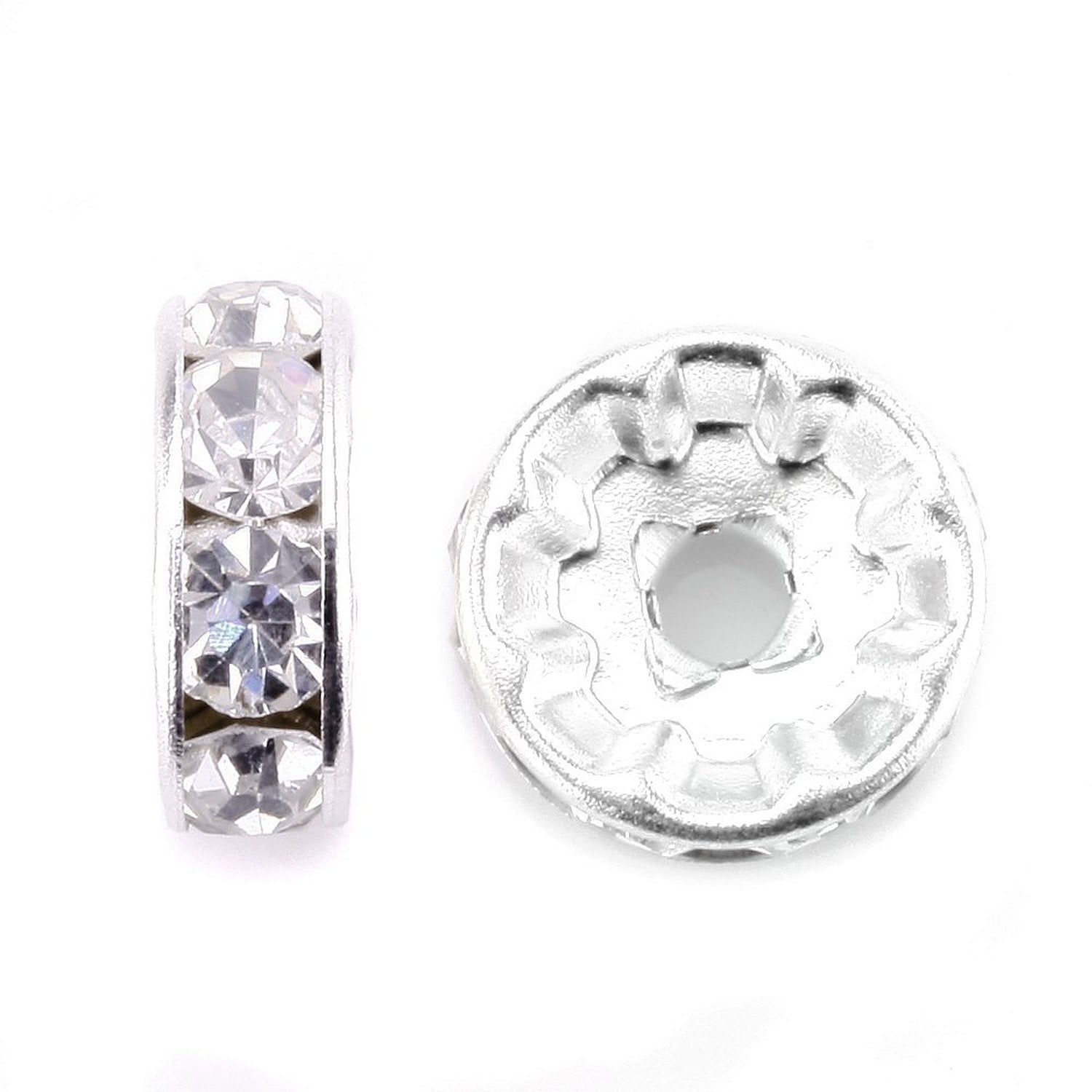 Two silver-plated rondelle spacer beads with clear rhinestones on a white background.