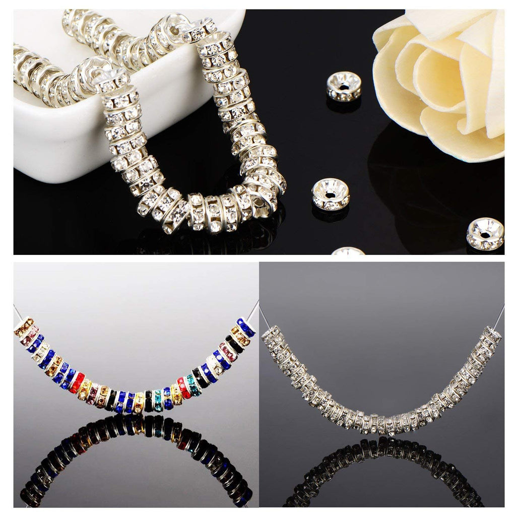 Collage of silver plated rondelle spacer beads for jewelry making, some with colorful rhinestones.