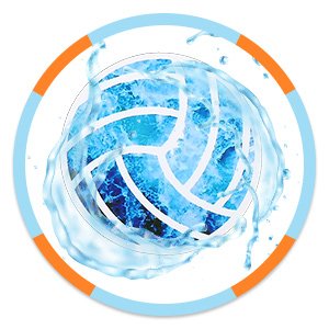Volleyball submerged in water with splash effects, surrounded by a blue and orange ring.
