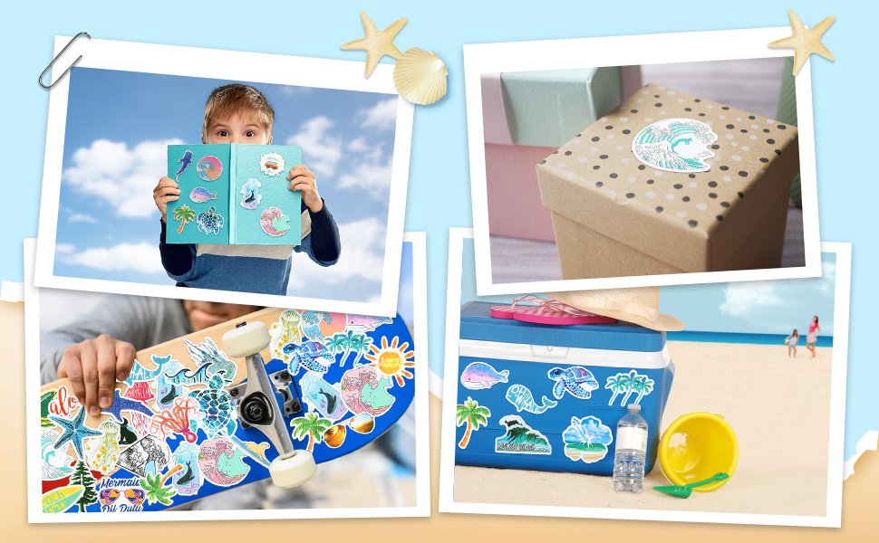 Collage of beach and ocean stickers applied to a book, skateboard, gift box, and cooler.