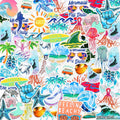 Collage of beach and ocean themed vinyl stickers including waves, turtles, whales, jellyfish, palm trees, and sunglasses.