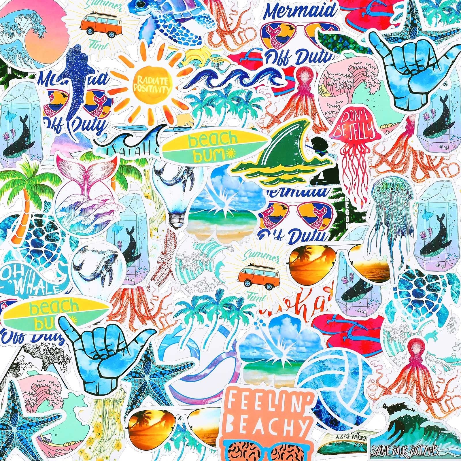 Collage of beach and ocean themed vinyl stickers including waves, turtles, whales, jellyfish, palm trees, and sunglasses.
