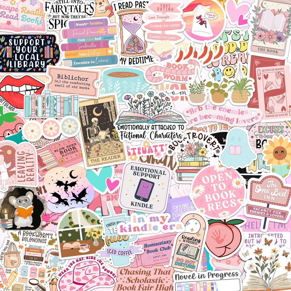 A collage of book-themed vinyl stickers including a mouse reading, a skeleton reading, plants, books, and various quotes about reading.