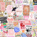 Collage of book-themed vinyl stickers featuring books, reading skeletons, cute animals, and various quotes about reading.