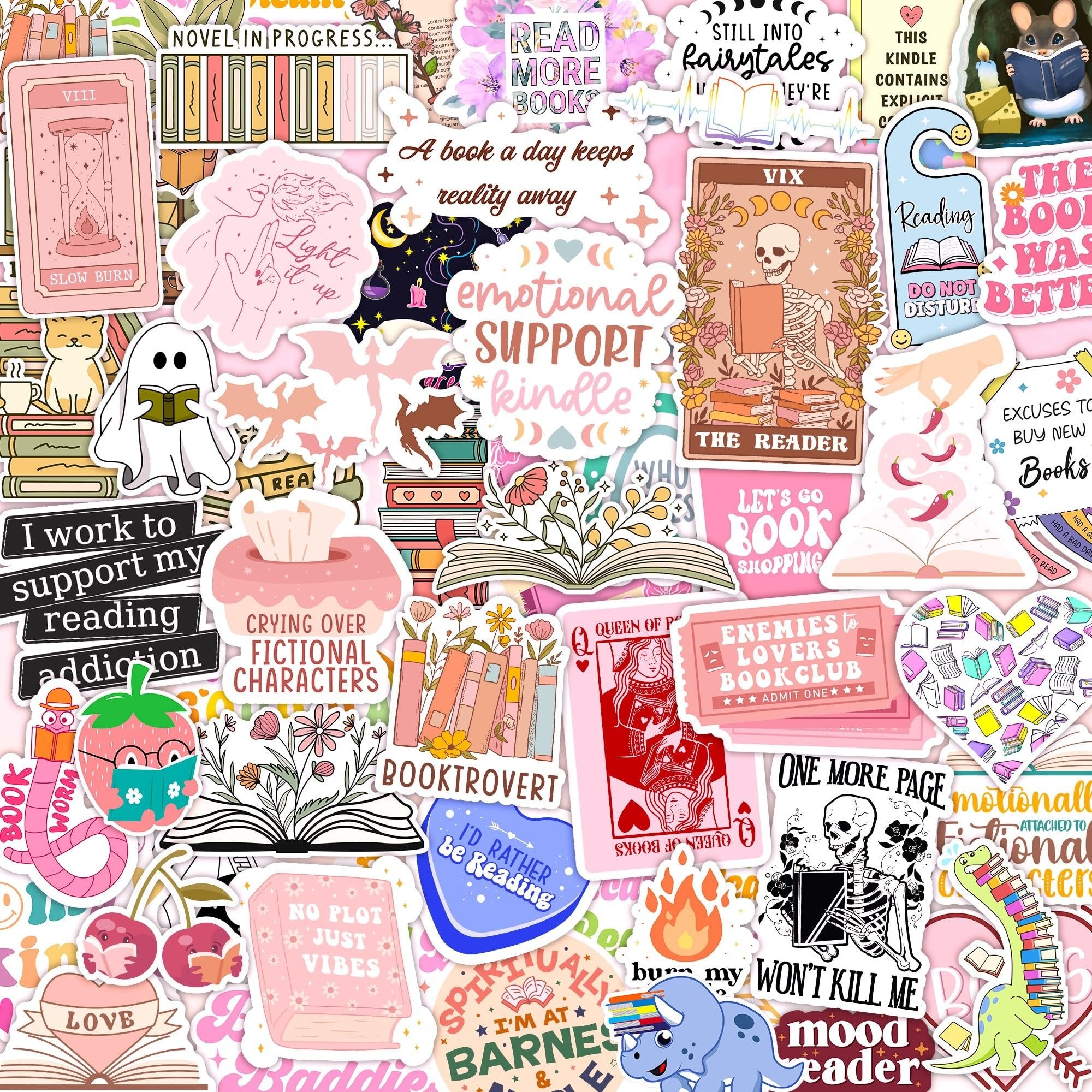 Collage of book-themed vinyl stickers featuring books, reading skeletons, cute animals, and various quotes about reading.