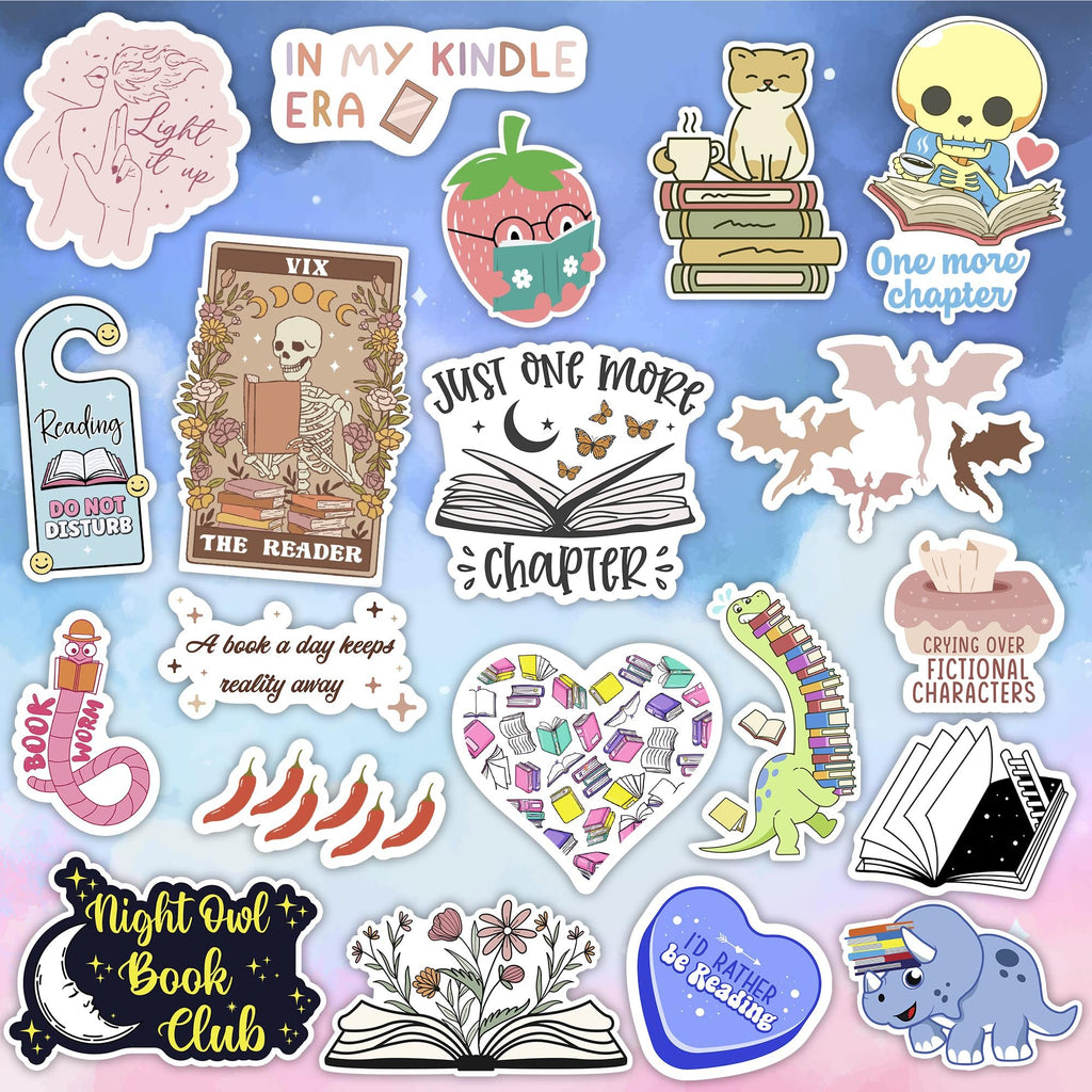 Collection of book-themed vinyl stickers including a skeleton reading, a cat on books, a dinosaur with books, and various quotes about reading.