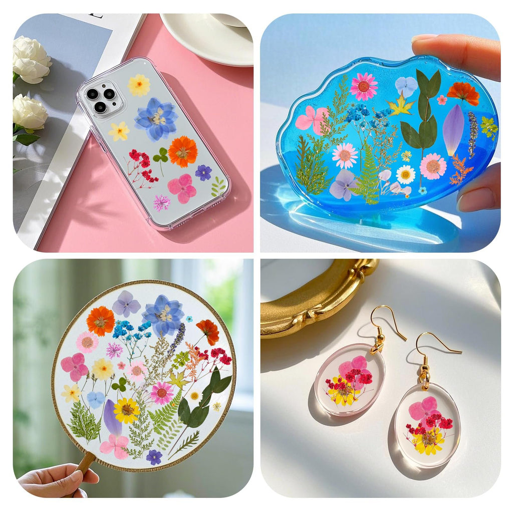 Collage of four images showing DIY crafts made with dried pressed flowers: a phone case, a blue resin coaster, a decorative fan, and earrings.