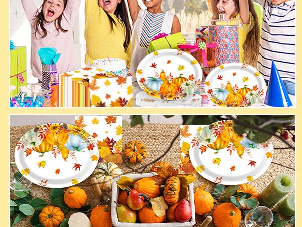 Children celebrating at a party with fall-themed paper plates and napkins featuring pumpkins and maple leaves.