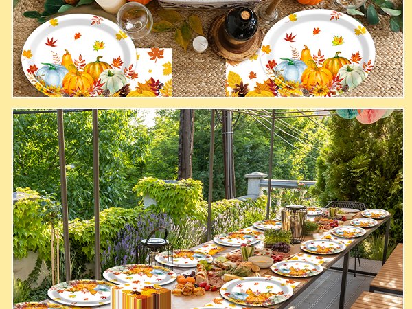 Fall party paper plates and napkins set with pumpkins and maple leaves on a table setting.