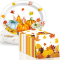 Stack of paper plates and napkins with watercolor maple leaves and pumpkins design