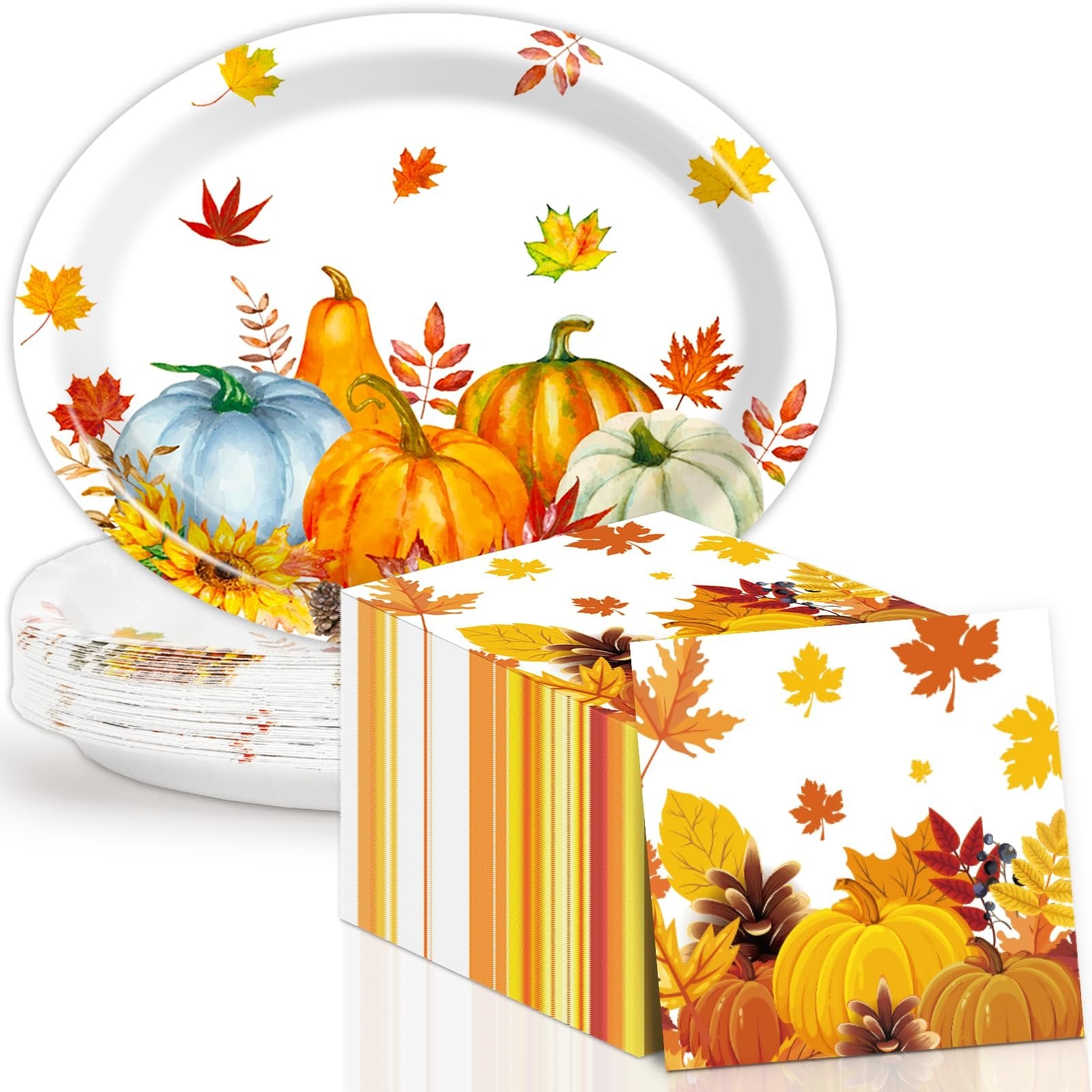 Stack of paper plates and napkins with watercolor maple leaves and pumpkins design