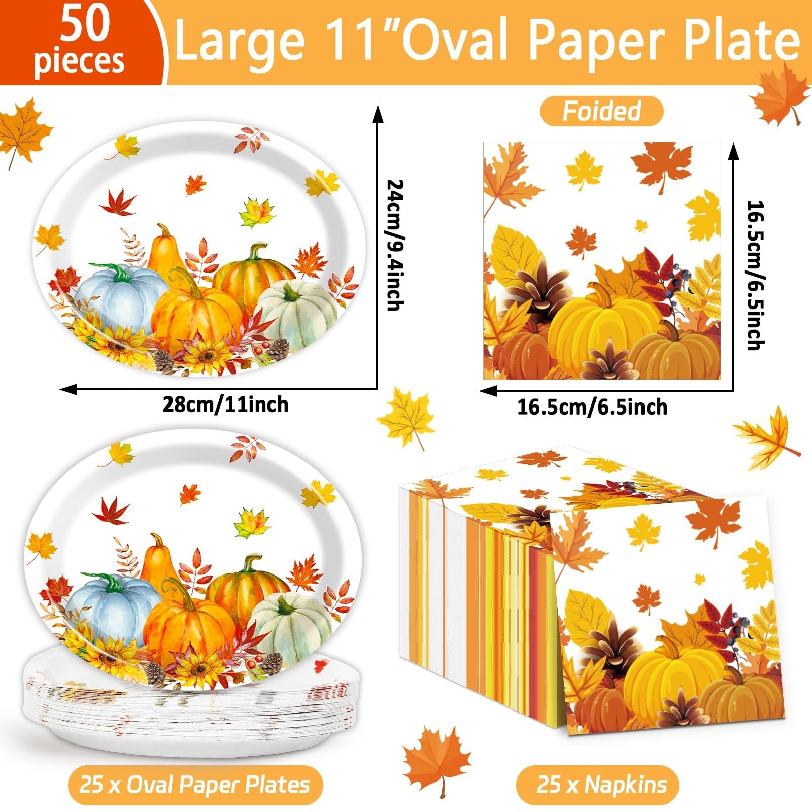 Fall party paper plates and napkins set with watercolor maple leaves and pumpkins. Includes dimensions.