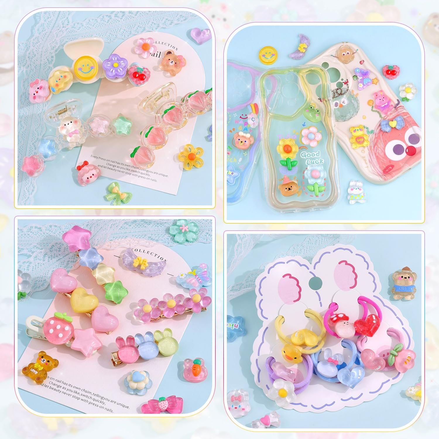 Four quadrants of assorted kawaii resin charms and hair accessories including phone cases, hair clips, and hair ties.