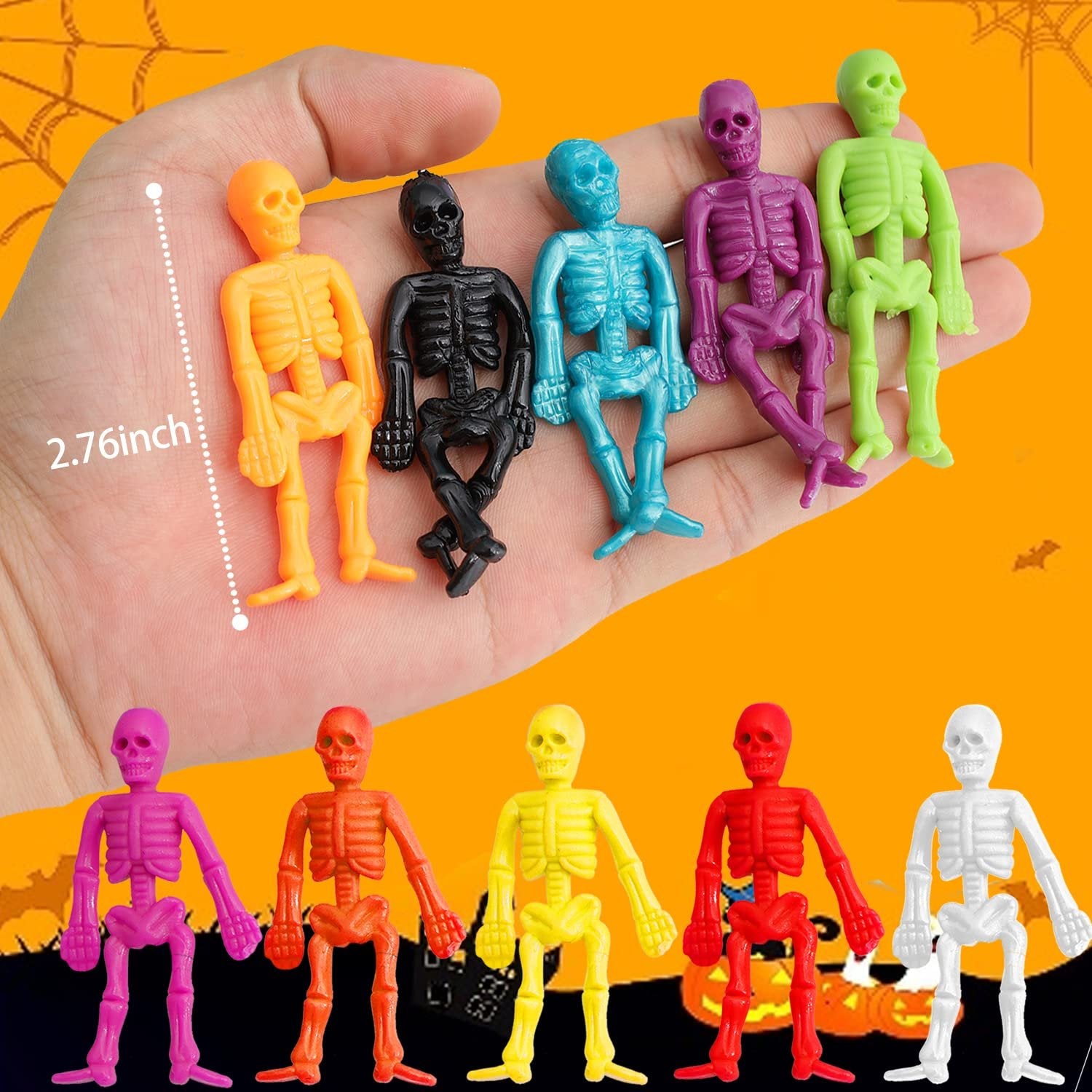 Hand holding multiple colorful stretchy skeleton toys, showing size reference of 2.76 inches.