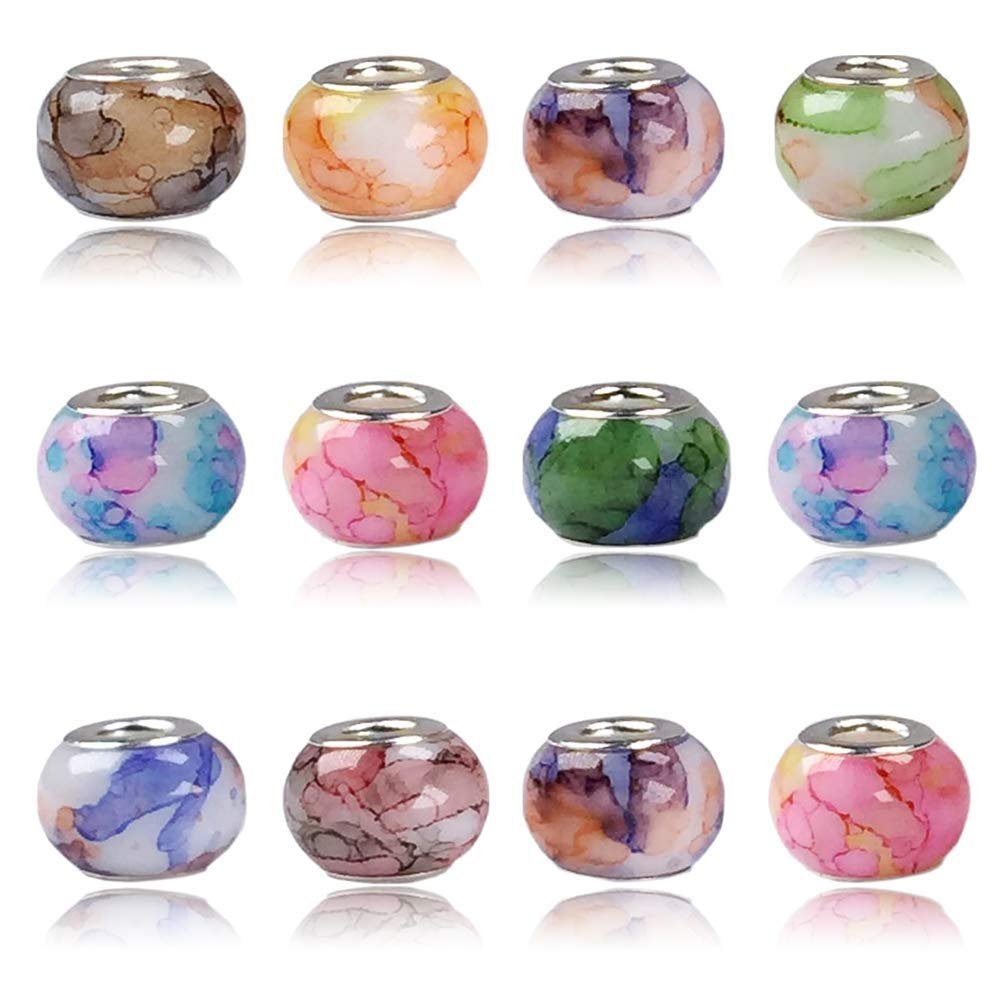 Set of twelve colorful glass beads with brass cores, displayed in three rows on a white background.