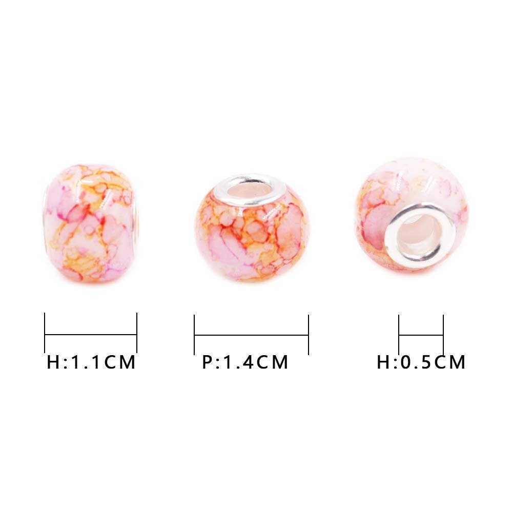 Three glass beads with pink and orange marbling, showing front, side, and back views with dimension callouts.