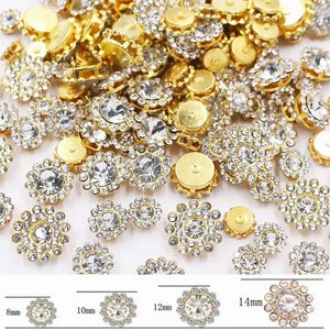 Mixed color sunflower shape sew-on rhinestones in various sizes, with size indicators below.