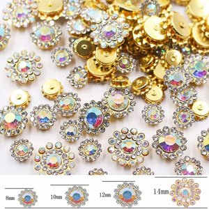 Mixed color sunflower shape sew-on rhinestones in various sizes, with a bottom inset showing 8mm, 10mm, 12mm, and 14mm examples.
