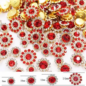 Mixed color sunflower shape sew-on rhinestones in various sizes, with size indicators 8mm, 10mm, 12mm, and 14mm.