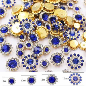 Mixed color sunflower shape sew-on rhinestones in various sizes, with size indicators 8mm, 10mm, 12mm, and 14mm.